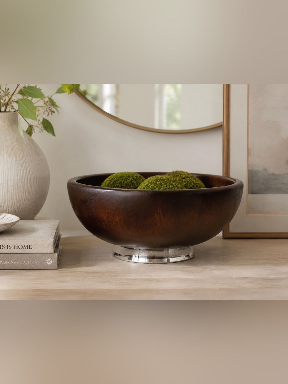 Atticus Large Wood Salad Serving Bowl Silver Chrome Pedestal Base 14”